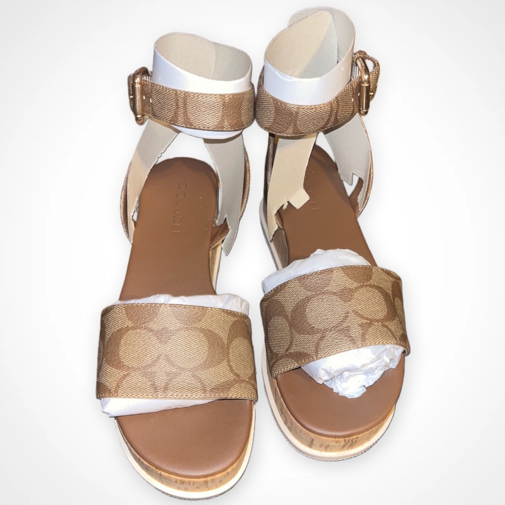 EUC Coach Talulah Sig Platform Sandal Khaki/Saddle Size 8